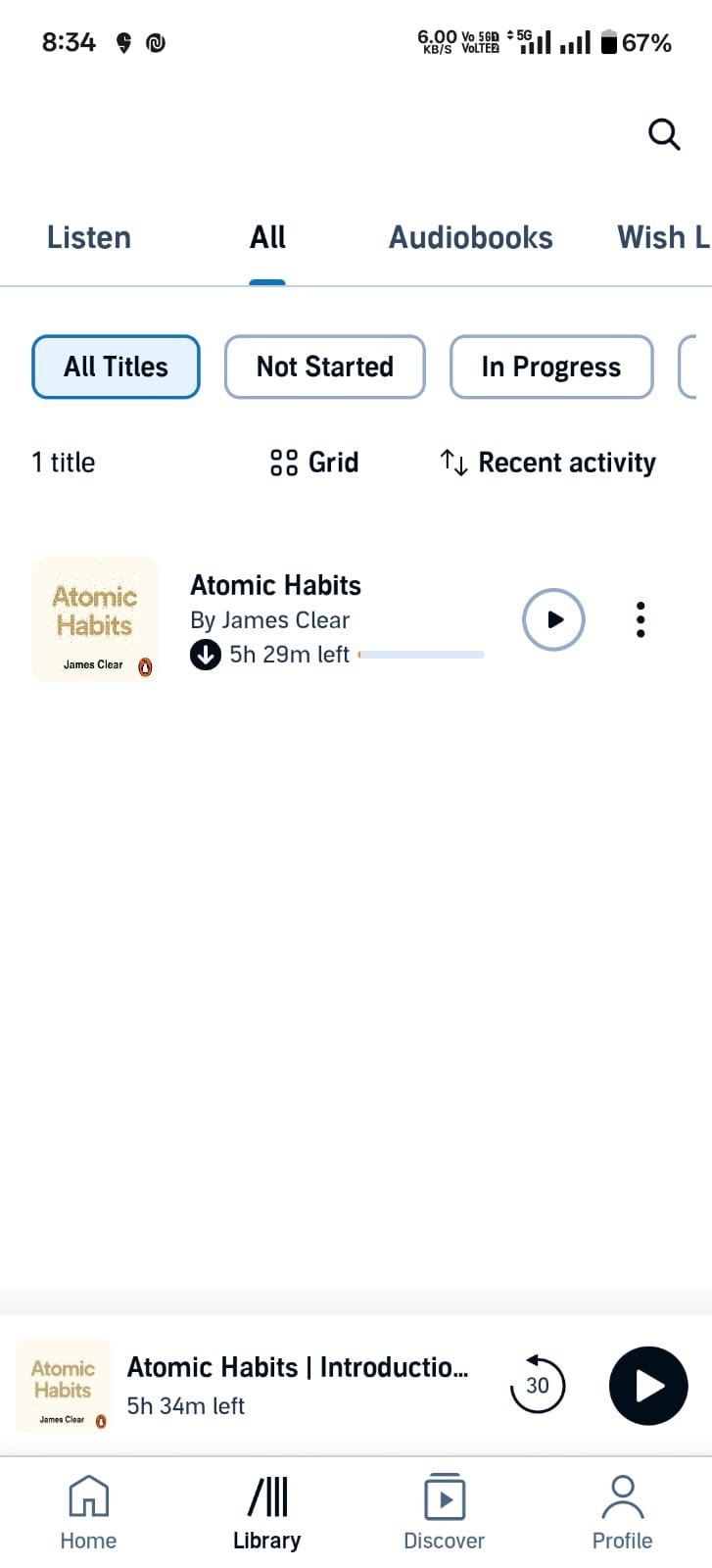 Vue de la bibliothèque de l'application mobile Audible montrant les livres audio